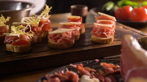 Completion of the cook's work on the production of Spanish tapas. The decoration Stock Footage 89006708