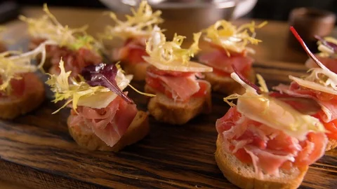 Completion of the cook's work on the production of Spanish tapas. The decoration Stock Footage 89010255