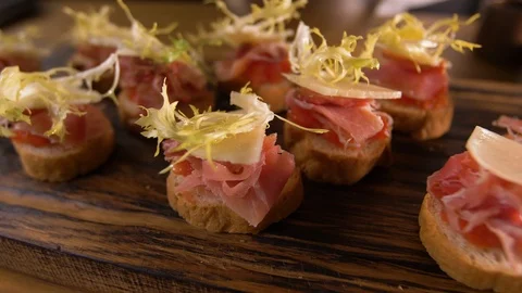 Completion of the cook's work on the production of Spanish tapas. The decoration Stock Footage 89010804