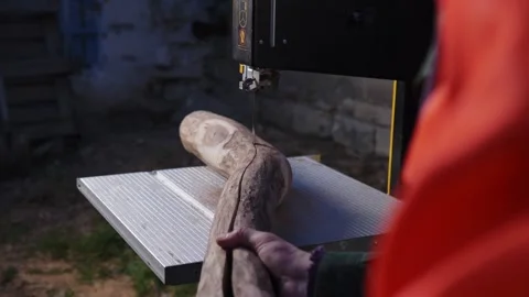 Completion of the sawing process on the machine of the processed log into halves Stock Footage 244990668