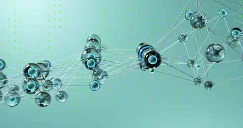 Complex 3D network animating connections with translucent spheres rods floating Stock Footage 307550444