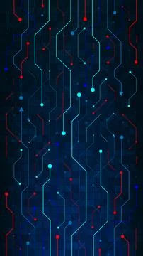 Complex Abstract Digital Technology Background: Glowing Blue and Red Circui.. Illustrazione stock