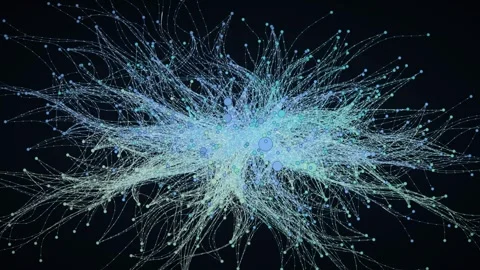 Complex abstract network of glowing neurons processing data through dense Stock Footage 346003906