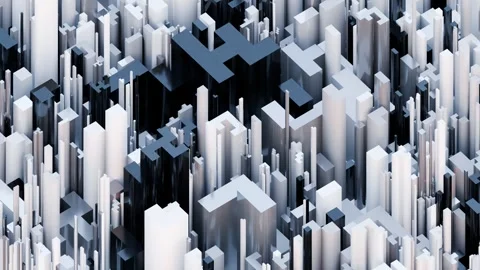 A complex abstract rendering of a modern city skyline featuring interlocking whi Stock Footage 340237671