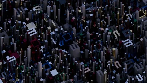 A complex, abstract rendering of towering skyscrapers and urban architecture in Stock Footage 340237594