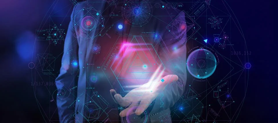 A complex abstract scheme of Head-Up elements in the palm of hand. Stock Illustration