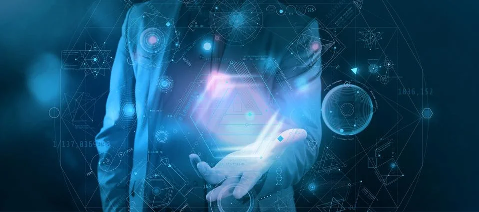 A complex abstract scheme of Head-Up elements in the palm of hand. Stock Illustration