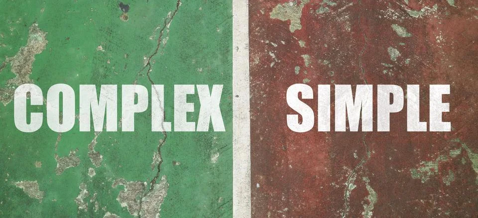 COMPLEX and SIMPLE text in white bold font, separated by a white vertical l.. Foto stock