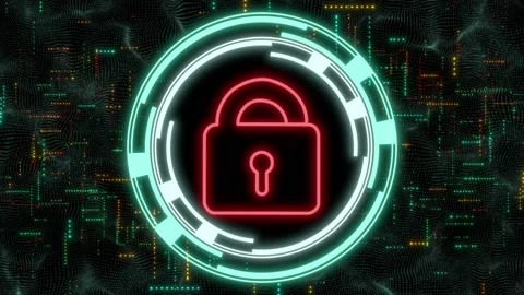 Complex and slick animated circular spinning cyber lock design - lock gets Stock Footage 198831536