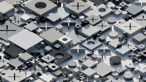 A complex arrangement of interconnected abstract geometric forms in monochrome s Stock Footage 340237922