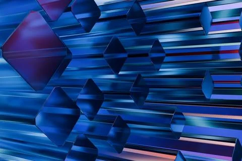 A complex arrangement of metallic, 3D geometric shapes in various sizes Stock Illustration