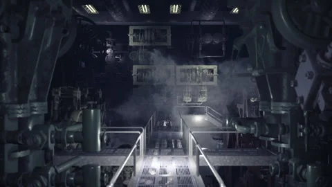 A complex array of machinery fills the space, illuminated by subdued lights Stock Footage 304468021