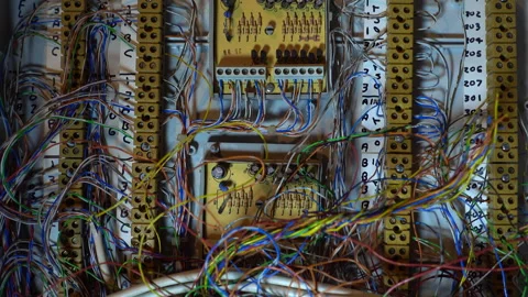 A complex array or network of mixed coloured intercom wires. Technology. Stock Footage 154708110