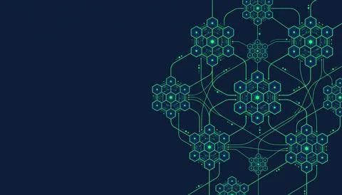 Complex blockchain structure with hexagonal nodes and neon green connection.. Stock Illustration