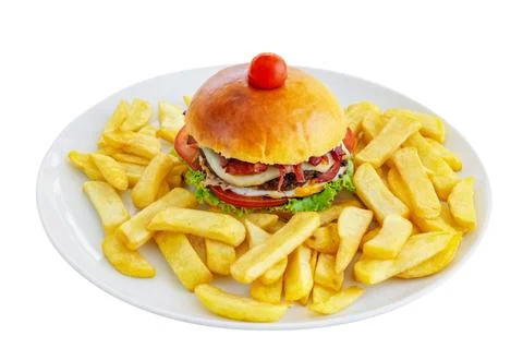 Complex classic hamburger of cheese fried egg fried sausage fried sausage fried Stock Photos