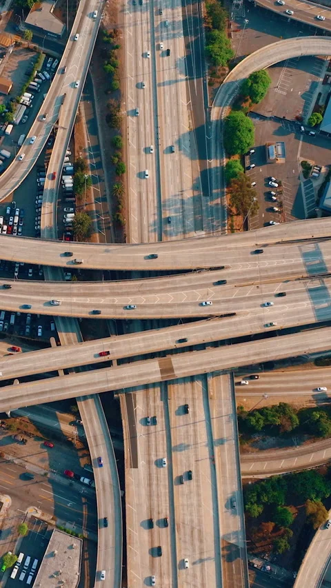 Complex concrete freeway overpass system, California, Los Angeles Vertical Stock Footage 342273037