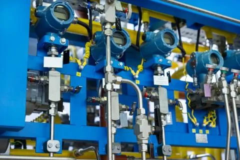 Complex control system of gas equipment. Many pipelines, sensors and digital Stock Photos