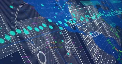 Complex cybersecurity interface displaying on grid, with transparent panels and 库存照片