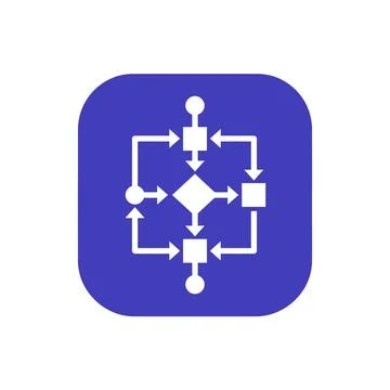 Complex decision tree and algorithmic logic flow diagram on blue rounded sq.. Stock Illustration