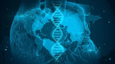 Complex Digital Heart with DNA Overlay in Futuristic Blue Hue Design Stock Illustration