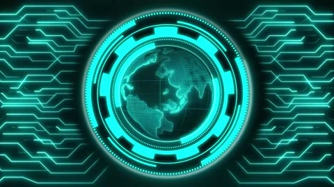 A complex digital HUD panel displays glowing cyan microchip circuitry paths.. Stock Footage 341128538