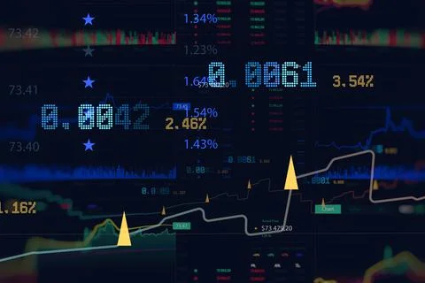 Complex digital screen showing real-time financial market statistics with l.. Stock Photos