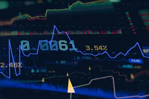 Complex digital screen showing real-time financial market statistics with l.. Stock Photos