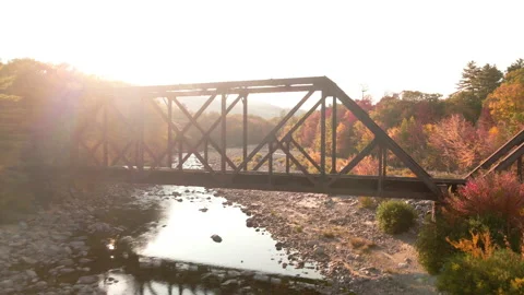 Complex Drone Shot of Trestle Bridge in Autumn Stock Footage 141289523