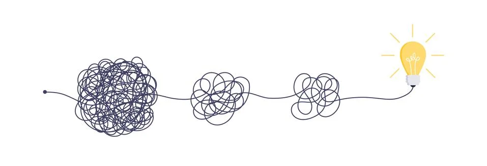 Complex easy simple way from start to idea. Chaos simplifying, problem solving Illustrazione stock