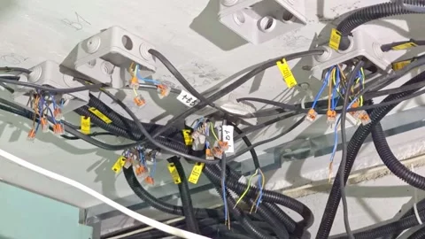 Complex electrical wiring with corrugated cable ducts and tags during netwo.. Stock Footage 338254245