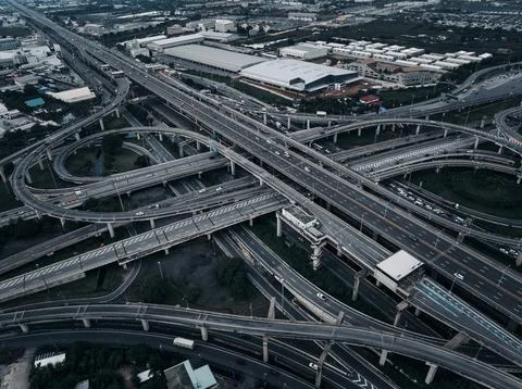 Complex Elevated Highway Interchange With Multi-level Traffic Flows Urban I.. Stock Photos