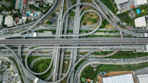 Complex Elevated Highway Interchange With Multi-level Traffic Flow In Urban.. Фото