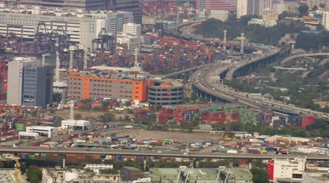 Complex, elevated highway system near Hong Kong's container port. Video 4k Stock Footage 59843044