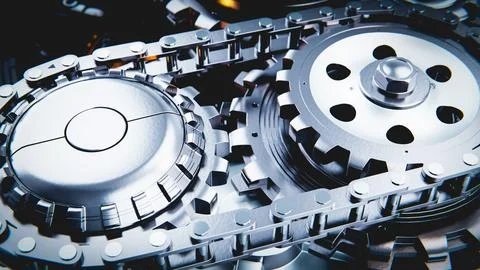 Complex engine gears rotating with metal chain, industrial mechanism closeup Stock-Fotos