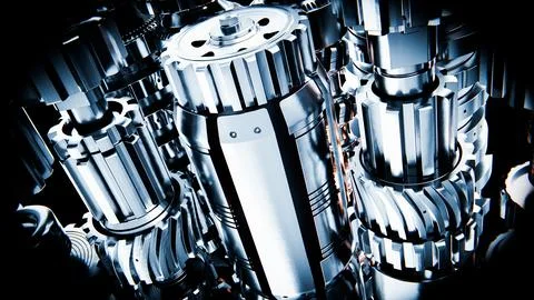 Complex engine gears rotating smoothly in a powerful machine 스톡 사진