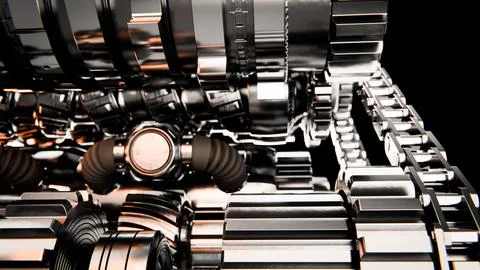 Complex engine pistons, gears, and chains working together in perfect harmony Stock-Fotos