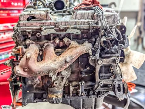 Complex engine work in auto shop 스톡 사진