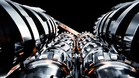 Complex futuristic engine rotating with gears and pistons Illustrazione stock