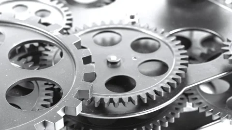 Complex Gear Mechanism with Rotating Metallic Cogs Stock Footage 340531234