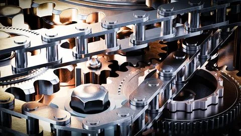 Complex gear system with interlocking chains and cogwheels rotating Stock Illustration