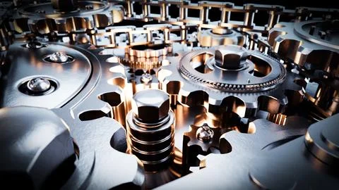 Complex gear system rotating and generating power Stock Illustration
