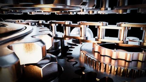 Complex gear system rotating with metal chain and balls on black background Stock Illustration