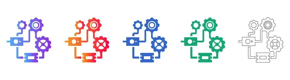 Complex Gear System Workflow Icon Set Stock Illustration