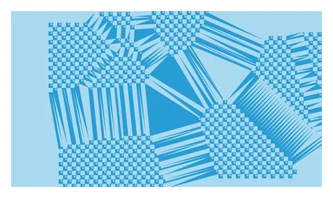Complex geometric blue pattern with interwoven lines and checkered squares. Stock Illustration
