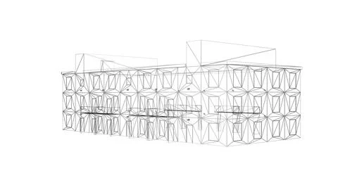 A complex geometric wireframe structure depicting a modern architectural des Illustrazione stock