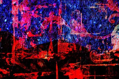 Complex glitch-inspired abstract texture with intense red, blue, and magenta Stock Photos