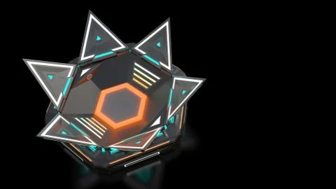 Complex glowing container object from the future. Many parts in complicated Illustrazione stock