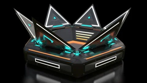 Complex glowing container object from the future. Many parts in complicated Illustrazione stock