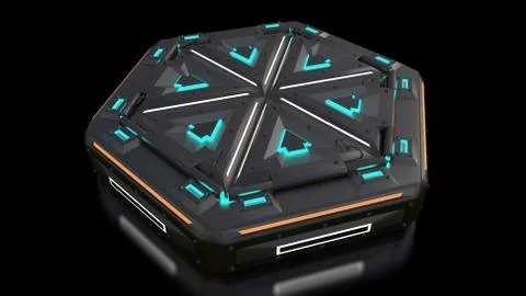 Complex glowing container object from the future. Many parts in complicated Illustrazione stock