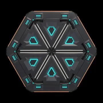 Complex glowing container object from the future. Many parts in complicated Illustrazione stock